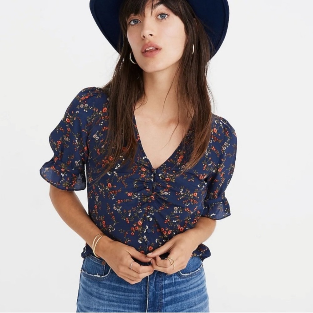 NWOT Madewell 100% silk navy floral puff sleeve blouse size 4 liberty